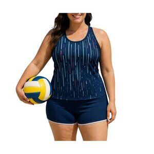Tankini Swimsuit Size 2XL Athletic 3 Piece Swim Tank Tops Boyshorts Blue Stripe
